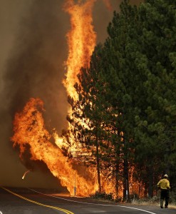 The Rim Fire burns along Highway 120 near Yosemite National Park, Calif., on Sunday, Aug. 25, 2013. (AP Photo/Jae C. Hong)