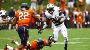 Sophomore running back Jamaal Williams lead BYU with 33 rushes and 144 yards in a hard-fought 19-16 loss to Virginia in Charlottesville in the season opener. (Photo by Mark Philbrick/BYU Photo)