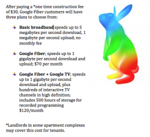 Google Fiber customers can choose from three plans after paying a $30 installation fee. (Information Graphic by Ben Lockhart; Google Fiber Rabbit image courtesy Google)
