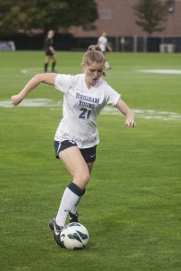 Jaiden Thornock controls the ball in this 2012 game against UVU. Thornock is one of 10 women's soccer student-athletes who've received WCC honors.