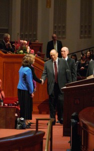 President Monson and President Eyring greet Sister Stephens and Sister Reeves of the general Relief Society presidency. Photo by Maddi Dayton.