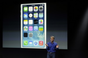 Craig Federighi, senior vice president of Software Engineering at Apple, speaks about the new iOS 7 release in Cupertino, Calif., Tuesday, Sept. 10, 2013. (AP Photo/Marcio Jose Sanchez)
