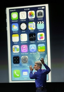 Craig Federighi, senior vice president of Software Engineering at Apple, speaks about the new iOS 7 release in Cupertino, Calif., Tuesday, Sept. 10, 2013. (AP Photo/Marcio Jose Sanchez)
