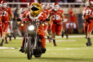 Utah mascot "Swoop" enters RIce Eccles Stadim last year during "The Holy War." Photo by Sarah Hill.