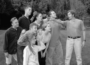 The Garren's Comedy Troupe, including now popular actor Lincoln Hoppe located on the far right, are considered the original BYU comedy troupe.