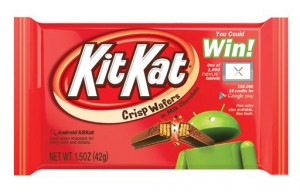 The new Kit Kat label for The Hershey Company featues Android's green robot mascot breaking a Kit Kat. Google is naming its new Android operating system, which is expected to launch in October, after the chocolate bar. (Photo by The Associated Press.)