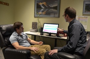 Students use the Biofeedback lab to learn what techniques will help them manage stress. (Photo courtesy of Maureen Rice.)