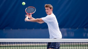 BYU tennis player Francis Sargeant prepares for a backhand serve at practice. (Photo courtesy BYU Athletics)
