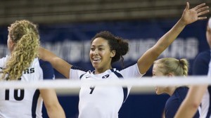 Sophomore outside hitter Alexa Gray celebrates a point in Tuesday's win over Montana State. (Photo courtesy BYU Photo.)