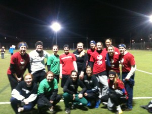 The Cowgirls (in green) and Thundercats (red) pose for a photo after their championship game in 2011. The Thundercats won that game 7-0 after scoring with four seconds remaining. Photo courtesy Chelsy Erickson  
