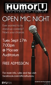 Humor U will host open mic night in the Maeser Auditorium on Sept. 17 at 7 p.m. (Photo courtesy of Humor U.)