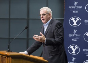 BYU head basketball coach Dave Rose speaks during the team's media day in 2012. Rose agreed Monday to coach the Cougars through the 2019-20 season. (Photo courtesy BYU Photo)