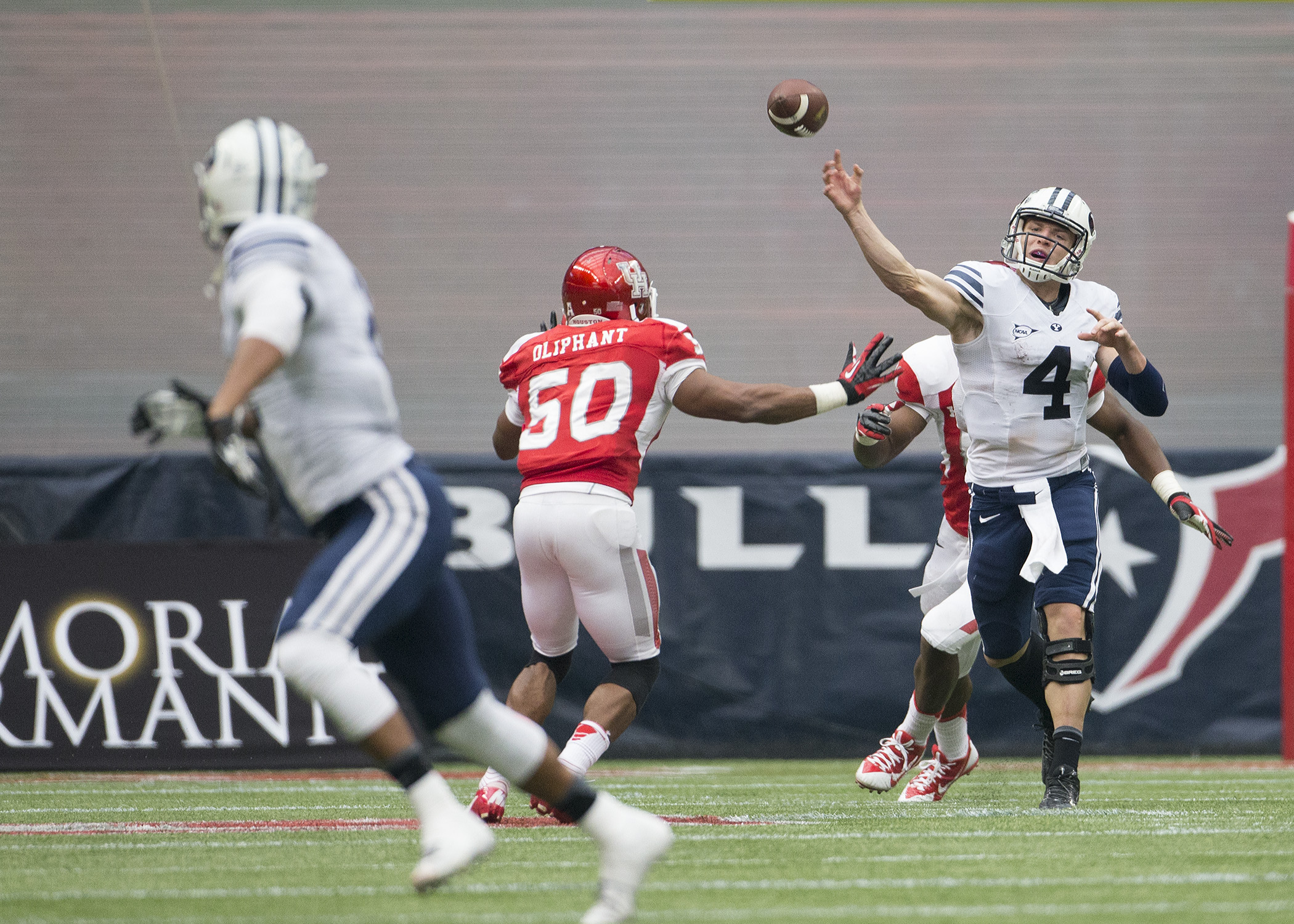 Taysom Hill releases a pass against Houston on Saturday. Photo courtesy BYU Athletics