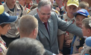 Elder Neil L. Anderson of the Quorum of the Twelve Apostles visits with Scouts at the 2013 National Jamboree held at the Summit Bechtel National Scouting Reserve. Photo courtesy LDS Church. 