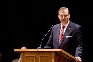 R. Albert Mohler addresses a full house in the Varsity Theater. Photo by Sarah Hill. 