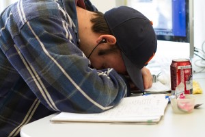 Students often stay up all night to complete projects despite fatigue and diminishing returns. (Photo by Sarah Hill.)