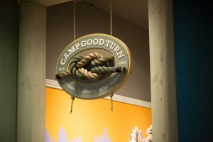 A square knot hangs above the Church History Museum's "Camp Good Turn" exhibit, symbolizing the partnership between the two organizations. Photo courtesy of the LDS Church. 