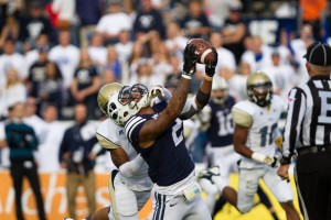 Cody Hoffman catches a pass from Taysom Hill for a touchdown during the game against Georgia Tech. Photo by Sarah Hill.