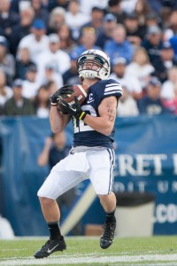 JD Falslev catches a punt during the game against Georgia Tech. Photo by Sarah Hill.
