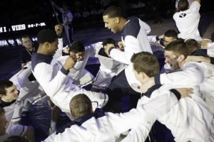 The BYU basketball team gets pumped up before its game against Gonzaga last season. Photo by Elliott Miller.