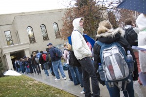 Students wait in line outside the Testing Center. At one point the line reached to the Brimhall Building.