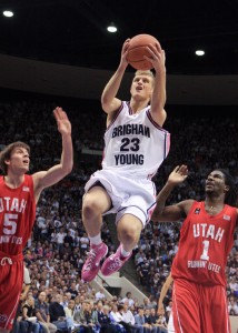 Tyler Haws weaves his way through the Utah defense to score a layup during last year's game. Photo by Natali Wyson.