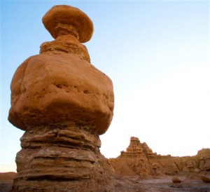 A rock formation in Goblin Valley. Authorities say three men could face felony charges after purposely knocking over an ancient Utah desert rock formation and posting a video of the incident online. (AP Photo/Utah State Parks)
