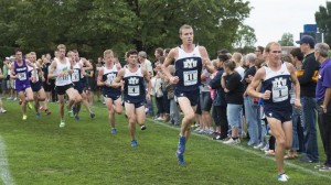 The BYU men's cross country team runs together at the Cougar invitational earlier this season. Photo courtesy BYU Athletics/ BYU photo