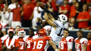 Skyler Ridley catches the game wining touchdown wit just over one minute remaining against Houston. BYU won the contest 47-46. Photo courtesy Mark Philbrick/ BYU Photo