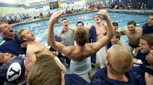 The BYU men's swim team gets pumped up as a team before their blue and white meet. Photo by Jonathan Hardy/BYU Photo  