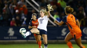 Kyleigh Royall advances the ball against Pepperdine in a home game earlier this season. Photo by Bella Torgerson/ BYU Photo