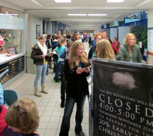Crowds gathered and lines formed while anxiously awaiting the start of the Early Christmas Sale at the BYU Bookstore. 