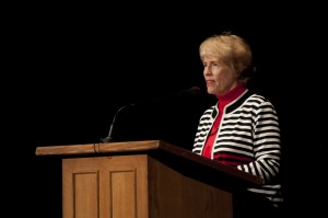 Sister Jane Hinckley speaks to hundreds of young adults. Photo by Natalie Stoker. 
