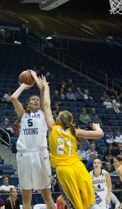 Jennifer Hamson goes up for a shot in BYU's game against South Dakota. Photo by Ari Davis