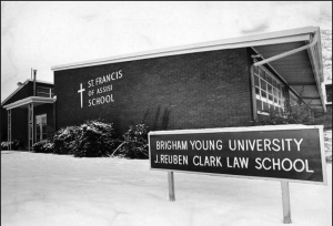 The St. Francis of Assisi catholic church and school was converted into the meeting place for the law school in 1973. Photo courtesy BYU law school