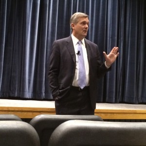 Rep. Jim Matheson addresses topics like healthcare and congressional job approval to BYU students in the Varsity Theater Nov. 6. Photo courtesy Ben Ader