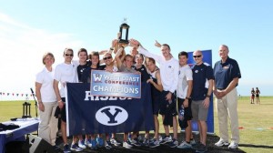 The BYU men's cross country team celebrates its victory at the West Coast Conference Championships on Nov. 2. Senior Jason Witt led the way with his first top-place finish this season.