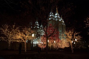A shot of the famous Christmas lights at Temple Square. The bells on Temple Square help ring in the Christmas season. (Photo courtesy Mormon Newsroom)
