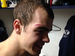 BYU's Chris Tuttle received a head injury after a Boise player elbowed him in their hard fought rematch.