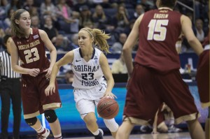 Guard Makenzi Morrison drives to the hoop against Boston College during BYU's overtime win. Photo by Marcos Escalona/ BYU Photo