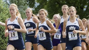 The women's cross country team runs as a pack earlier this season. Photo by Jaren Wilkey/ BYU Photo