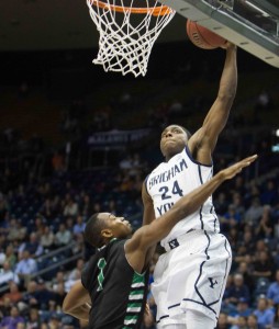Frank Bartley dunks over a North Texas defender in BYU's 97-67 win. Photo by Ari Davis