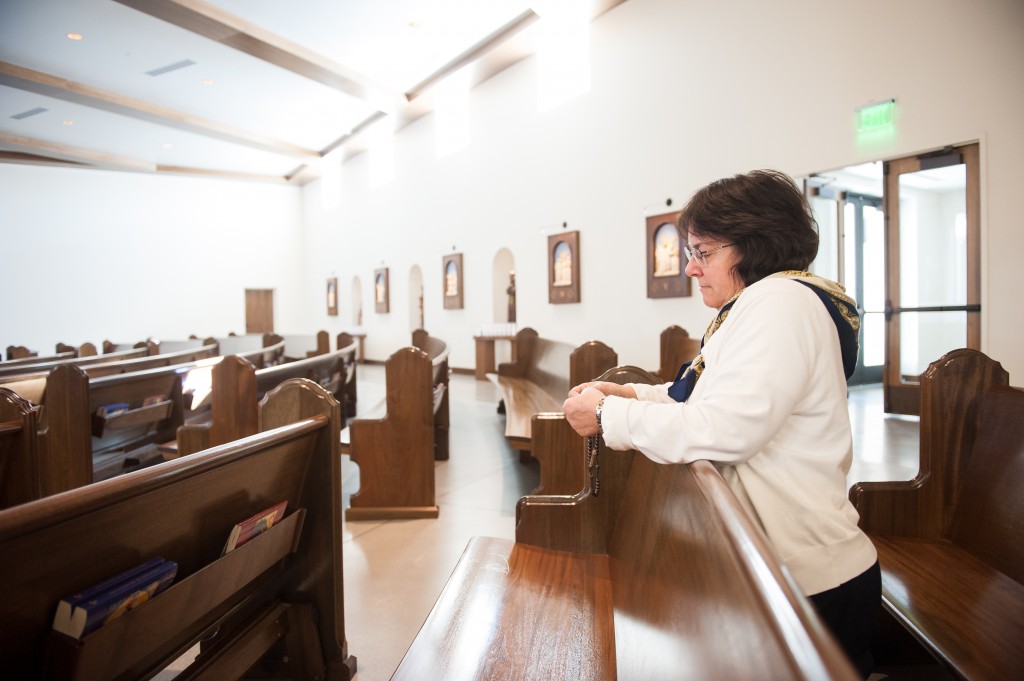BYU chemistry professor Julie Boerio-Goates attends her Catholic Church in Orem. Boerio-Goates said her time at BYU has allowed her to reflect more on her faith and help others better understand it. (Photo by Chris Bunker)