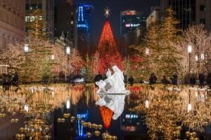 A nativity statue seemingly floats on top of the reflecting pond near the Salt Lake Temple. © 2013 by Intellectual Reserve, Inc. All rights reserved
