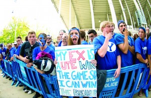 Fans wait in line for Saturday night's BYU v Utah game at LaVell Edwards Stadium. Photo by Sarah Hill