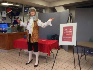 Smith dressed in a Handel costume at the sing-along booth in the Wilkinson Center (Courtesy Lowell Smith).