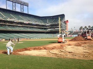 Construction crews begin work on AT&T Park in San Francisco, transforming the baseball diamond into a football field. BYU will play Washington in the Fight Hunger Bowl on Dec. 27. Photo by Scott Hansen.