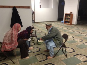 BYU students Mariah Greene and Cheyenne Jones visit a mosque in Salt Lake to learn about Islam in conjunction with a BYU class about other faiths. Photo by Lucy Schouten.