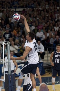 Taylor Sander goes up for the hit during the BYU vs. Stanford volleyball game on Jan. 25. Photo by Natalie Stoker.