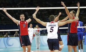 Former BYU players Ryan Miller (left) and Rich Lambourne (center) celebrate after a win during the 2008 Olympics in Beijing.